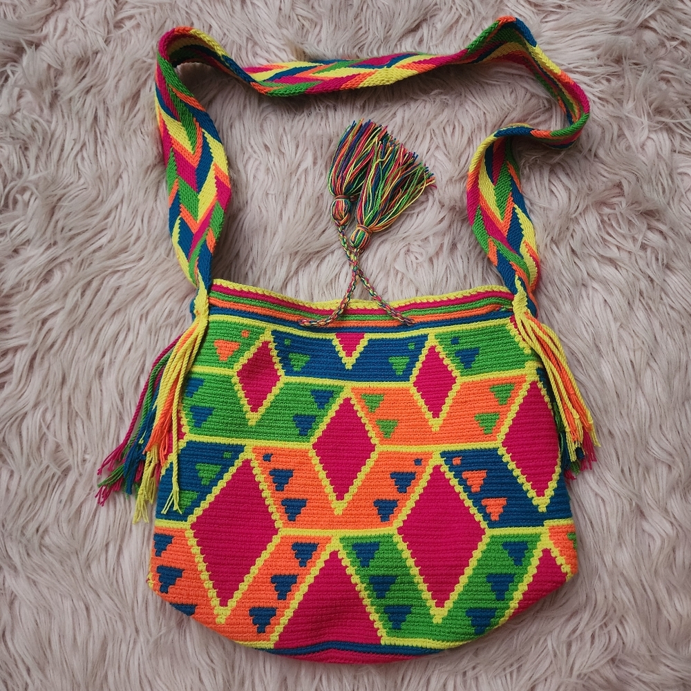 Wayuu Mochila rainbow geometric drawstring handmade bucket bag